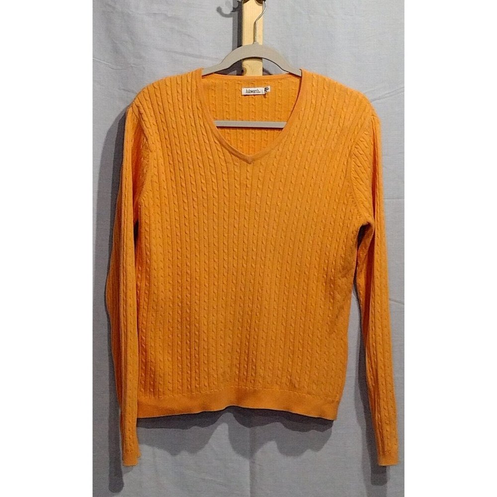 Ashworth Men Orange Pullover Sweater Size Medium M V-neck Cable Knit Cotton